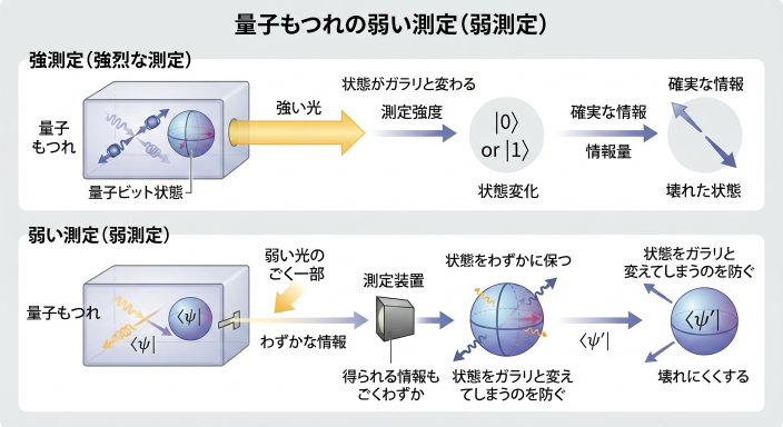 『量子もつれの弱い測定（弱測定）』に関する科学資料の図解イラスト。図は上下2段に分かれており、上段の『強測定（強烈な測定）』では、量子もつれの箱に強い光を当てて状態がガラリと変わり（0か1に確定）、確実な情報が得られる一方で状態が壊れてしまう様子が示されています。下段の『弱い測定（弱測定）』では、箱のすき間から弱い光のごく一部を通すことで、得られる情報はごくわずかになる代わりに、状態をガラリと変えてしまうのを防いで壊れにくく保つ様子が表現されています。