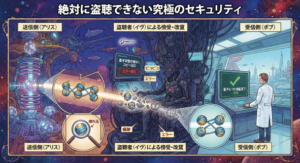 メビウスの漫画を彷彿とさせる緻密なインク画と豊かな色彩で描かれた、量子暗号通信の概念図。上部に『絶対に盗聴できない究極のセキュリティ』と日本語のタイトルが記されています。画面は3つのセクションに分かれており、左側の『送信側（アリス）』では、複雑な装置から量子もつれペアが送り出されています。中央の『盗聴者（イヴ）による傍受・改竄』では、多眼のエイリアンが機械に接続して通信を解析しようとしており、画面には日本語で『量子状態の検出とコピー試行』『エラー検出』と表示され、量子ペアが破壊されている様子が拡大されています。右側の『受信側（ボブ）』では、白衣の科学者がコンソールで『量子もつれ検証完了 - 安全』という緑色の画面を確認しており、無傷の量子ペアが届いていることが示されています。背景には有機的かつ機械的な巨大宇宙構造物が広がり、点在する日本語の吹き出し（『ジー...』『ピコピコ』『シュッ』）が物語性を強調しています
