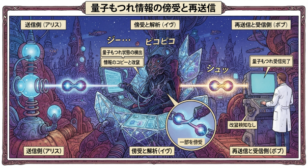 メビウスの漫画を彷彿とさせる、有機的かつ機械的なディテールが詰め込まれた緻密なSFイラスト。画面は『量子もつれ情報の傍受と再送信』というテーマで構成されており、左端の『送信側（アリス）』から放たれた量子ペアが、中央の『傍受と解析（イヴ）』の複雑な装置を通る様子が描かれています。イヴは多眼の異星人として描かれ、コンソールには日本語で『量子もつれ状態の検出』『情報のコピーと改竄』と表示されています。拡大図では元のペアの一部をイヴが取り込んでいる様子が示され、右側の『再送信と受信側（ボブ）』では、白衣のボブが改竄に気づかず『量子もつれ受信完了』の画面を見ています。全体を通して、未来都市の背景や、点在する吹き出しの日本語テキスト（『ジー...』『ピコピコ』『シュッ』）が、物語性と科学的な解説を両立させています