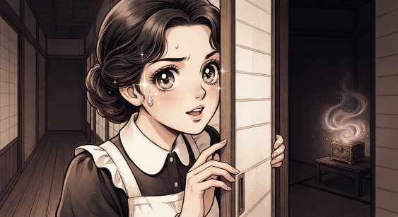 少女漫画風のレトロなイラスト。和風の廊下に立つ、黒い服と白いエプロンを身にまとった家政婦が、開いた障子の隙間からびくびくと緊張した表情で室内を覗き見している。大きな瞳には焦りの汗が描かれ、手で障子の縁につかまっている。奥の薄暗い部屋のテーブルの上には、神秘的な光と煙をまとった小さな箱が置かれている。