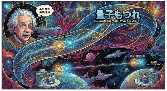 メビウス調のSFタッチで描かれた「量子もつれ」の解説イラスト。左側にアインシュタインの顔と「不気味な遠隔作用」の吹き出しがあり、中央には「量子もつれ」の大きな文字とメビウスの輪のように繋がる宇宙空間、離れた宇宙間でペアの粒子が連動する様子が描かれています。