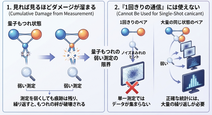 量子もつれに対する弱い測定の限界を解説する、日本語のテキストとイラストが組み合わされた科学資料図です。

左側のパネルは「1. 見れば見るほどダメージが溜まる」と題され、量子もつれ状態にある粒子ペア（青とオレンジの球）が、弱い測定（ルーペのアイコン）によって時間の経過とともに徐々に絆（鎖）を壊され、最終的に完全に切断される様子が描かれています。その下のテキストには、「測定を弱くしても痕跡は残り、繰り返すと、もつれの絆が破壊される」と説明されています。

右側のパネルは「2. 『1回きりの通信』には使えない」と題され、2つの異なるシナリオを比較しています。上部では、1つのもつれペアに対する弱い測定の結果が、ノイズまみれのヒントとして示され、大きな赤い「X」印とともに「単一測定ではデータが集まらない」とされています。下部では、多数の同じ状態のもつれペア（5組）に対して同じ測定を繰り返し行うことで、データが集積され、明確な統計パターン（右下のグラフ）が得られる様子が描かれており、「正確な統計には、大量の繰り返しが必要」とされています。

中央には大きな日本語のタイトルが配置されています。「量子もつれの弱い測定の限界」。

全体は白と青を基調とし、クリーンで教育的な図表スタイルで作成されています。